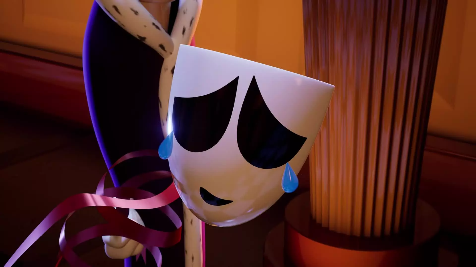 Gangle from The Amazing Digital Circus, a shy character wearing a comedy and tragedy mask