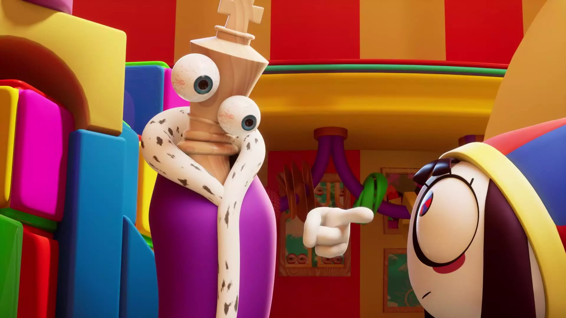 Kinger from The Amazing Digital Circus, an anxious chess king character with a cracked crown